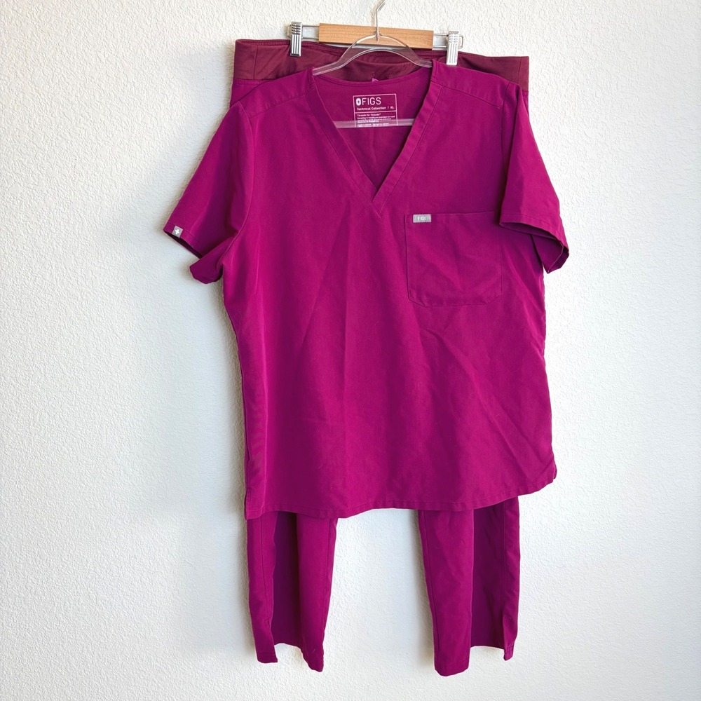 Figs Technical Collection Scrub Set Magenta Pink V-Neck Top Jogger Pants XL